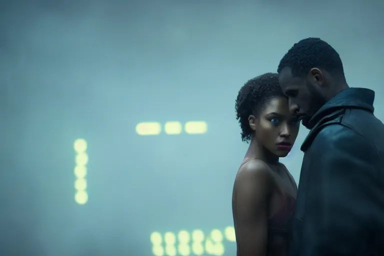 Image similar to film still of closeup beautiful jamaican models couple closeup in blade runner 2 0 4 9, cinematic, moody, gritty neon noir by emmanuel lubezki