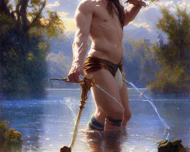 Image similar to attractive male wizard casting powerful water spell in a beautiful lake. highly detailed painting by gaston bussiere, craig mullins, j. c. leyendecker 8 k