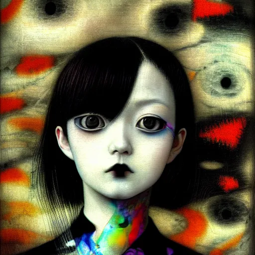 Image similar to yoshitaka amano blurred and dreamy realistic three quarter angle portrait of a young woman with black lipstick and black eyes wearing dress suit with tie, junji ito abstract patterns in the background, satoshi kon anime, noisy film grain effect, highly detailed, renaissance oil painting, weird portrait angle, blurred lost edges