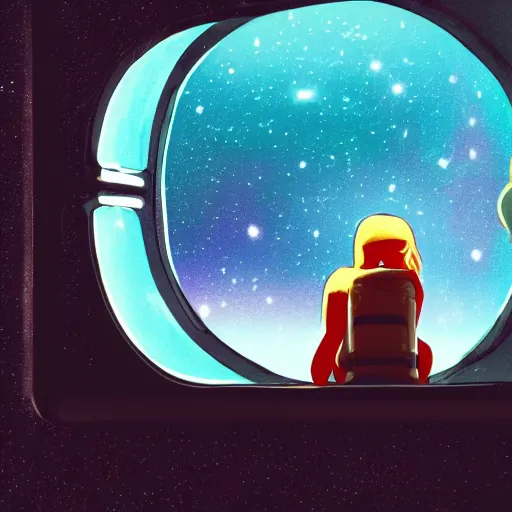 Prompt: lofi girl staring out the window of her spaceship listening to music on a sony walkman, camera facing the window, galaxies and stars are in the background of the window, spaceship is all rusted on the inside, 4 k, fantasy, space, lofi, music, alone, galaxies, stars