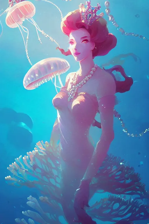 Image similar to a beautiful queen of ocean in the middle of coral reefs, pearl crystal jewelry, complex and shiny dress inspired by jellyfish, by ross tran and atey ghailan, by greg rutkowski, by greg tocchini, by james gilleard, by joe fenton, by kaethe butcher, dynamic lighting, grunge aesthetic