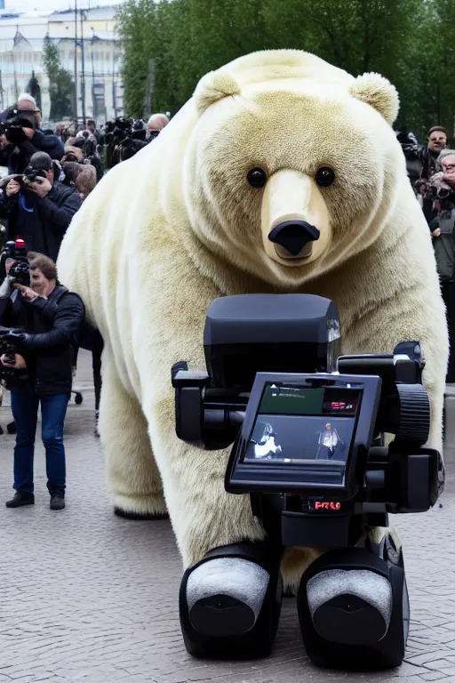 Image similar to a picture of putin ride robotic bear in moscow. - photorealistic, face features, elegant, confident posse, reduce duplicate image, pullitzer winning, taken with canon eos 5 d mark iv, versatile, lens interoperability, autofocus, 4 k uhd video capture at 3 0 fps, 8 k time - lapse functions, by karah mew, jodie bateman