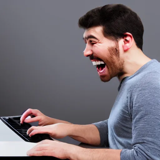 Prompt: guy typing on keyboard and laughing very hard, mouth wide open, studio light, photorealistic