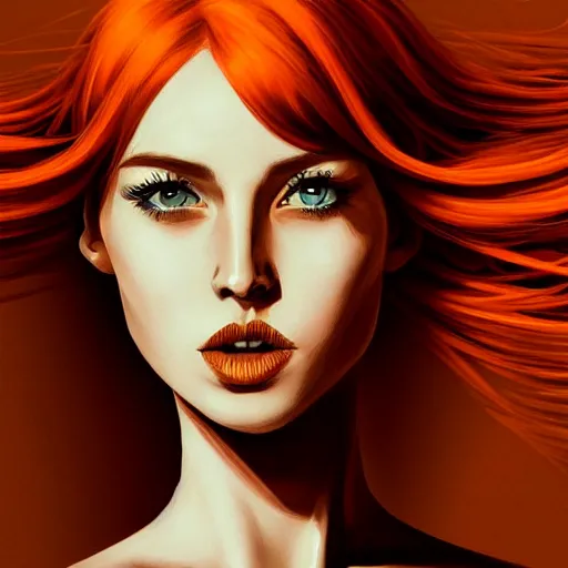 Prompt: a symmetrical portrait of a beautiful orange - haired woman, face and shoulders, concept art, intricate, aesthetic!!!!!, god rays, dramatic, ultra detailed