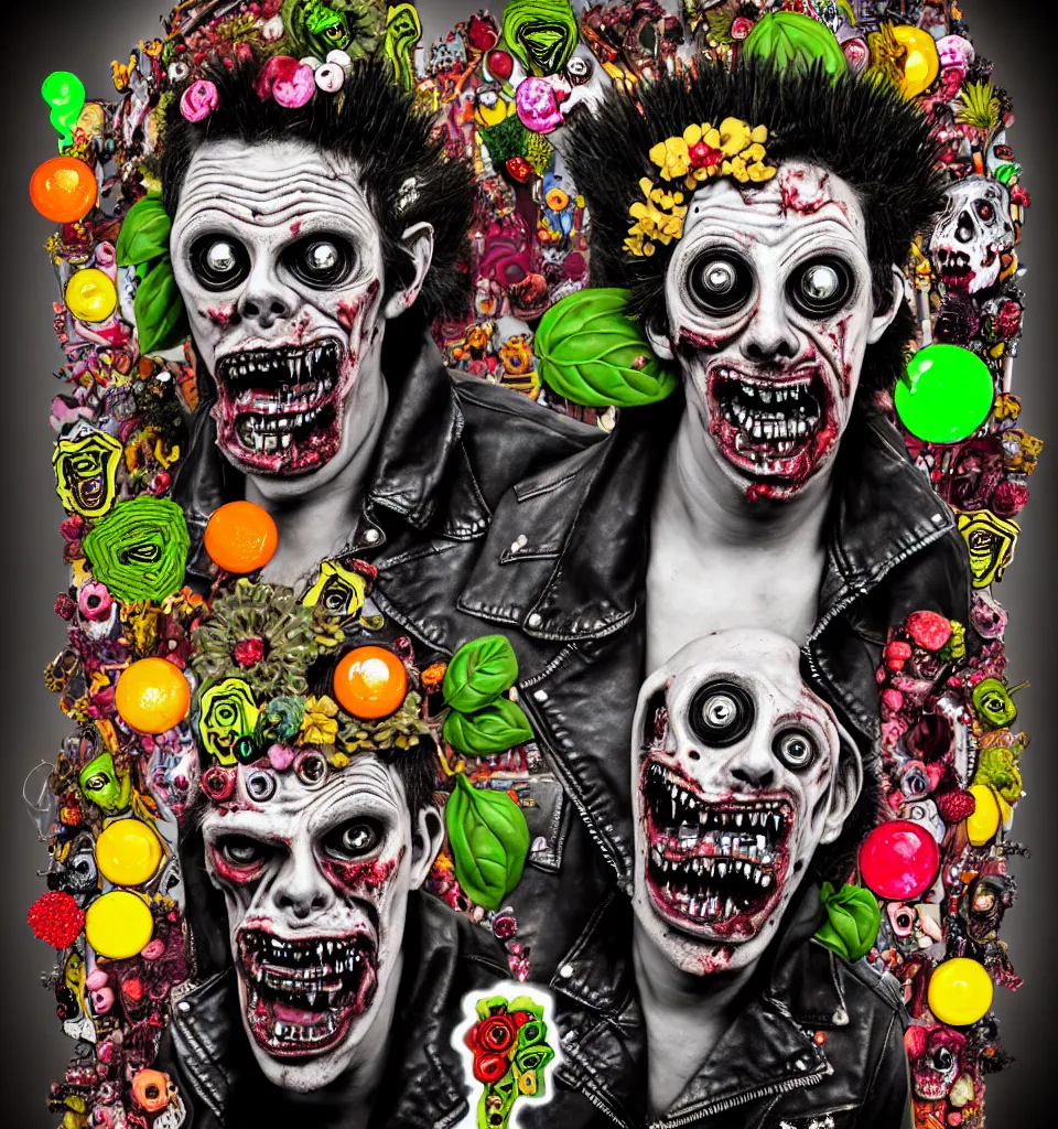 Prompt: portrait of a zombie punk rock star, leather jacket, ripped jeans, spikes, head made of fruit gems and flowers in the style of arcimboldo, basil wolverton, kenny scharf, cartoonish graphic style, street art, silkscreen pop art, action figure, clay sculpture, claymation, dramatic stage scene, spotlight lighting