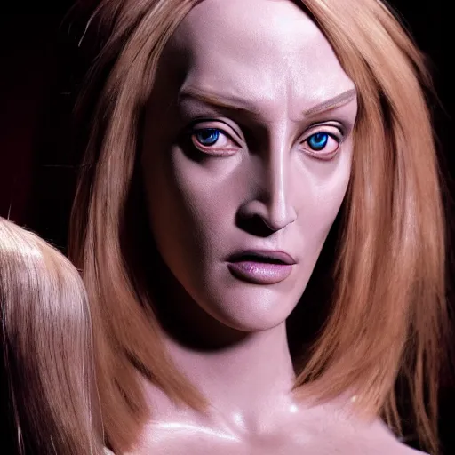 Prompt: animatronic Uma Thurman, exposed mechanics, photo, Stan Winston studios, detailed, 4k