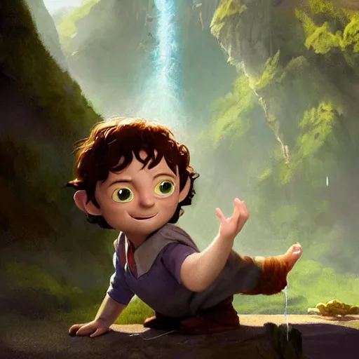 Image similar to a wholesome animation key shot of cute frodo, gollum and sam from lord of the rings, colorful, pixar and disney animation, sharp, very detailed, high resolution, key art by greg rutkowski, bloom, dramatic lighting