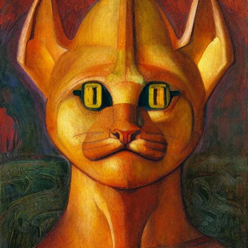 Image similar to masterpiece painting of an ancient polychrome sculpture of a mechanical cat head, by annie swynnerton and diego rivera and nicholas roerich and jean delville, symbolist, dramatic lighting, god rays, elaborate geometric ornament, art brut, rich colors, smooth sharp focus, extremely detailed, adolf wolfli