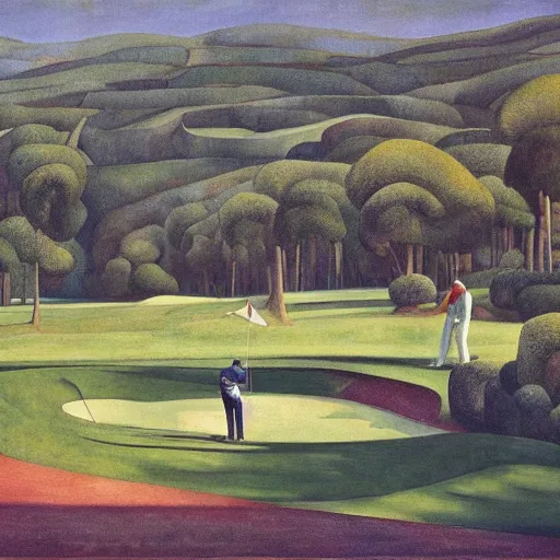 Prompt: Three golfers on a beautiful golf course driving range, by Diego Rivera