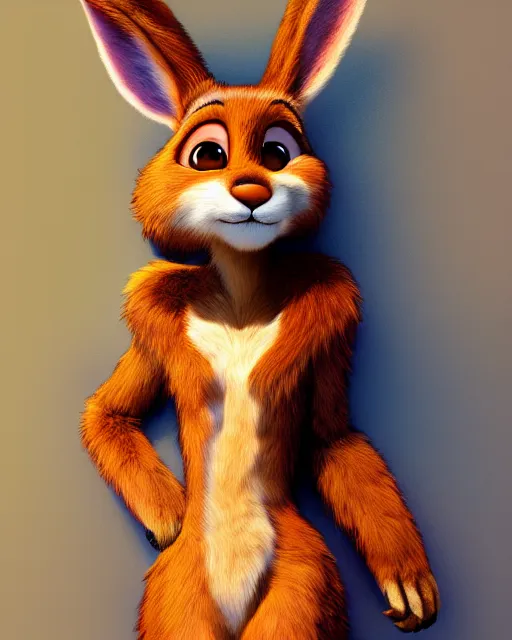 Image similar to digital painting full body of anthropomorphic furry female rabbit, brown fur, in style of zootopia, female fursona, furry, furaffinity, 4 k, deviantart, furry art, fursona art, rabbit fursona, female, cute detailed feminine face,