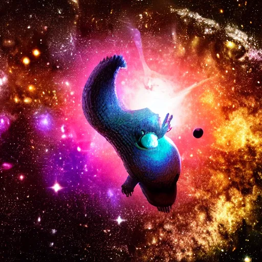 Prompt: a collosal creature taking a bite out of a galaxy