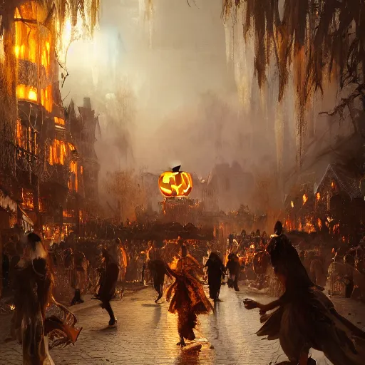 Image similar to halloween festival, volumetric lighting, 8 k octane beautifully detailed render, post - processing, extremely hyper - detailed, intricate, epic composition, cinematic lighting, masterpiece, trending on artstation, detailed detailed detailed, masterpiece, stunning art by anders zorn, wonderful masterpiece by greg rutkowski, beautiful cinematic light,