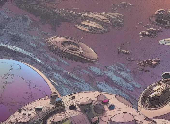 Image similar to close up view of a bustling space port on an alien planet by jeff darrow and moebius, earth and pastel colors, dramatic perspective, highly detailed, ultra realistic, masterpiece, 4 k, 8 k