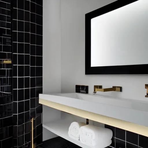 Prompt: bathroom, black marble tiles with small white veins, gold sink designed by zaha hadid, backlit mirror