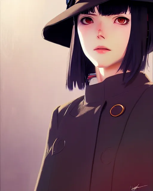 Image similar to girl wearing wide brimmed hat and trechcoat | | fine detail!! anime!! realistic shaded lighting!! poster by ilya kuvshinov katsuhiro otomo ghost - in - the - shell, magali villeneuve, artgerm, jeremy lipkin and michael garmash and rob rey