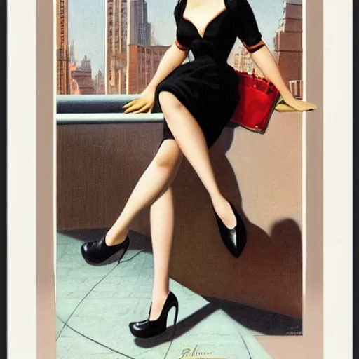 Image similar to woman, city, street, kitten heel, by gil elvgren, olivia