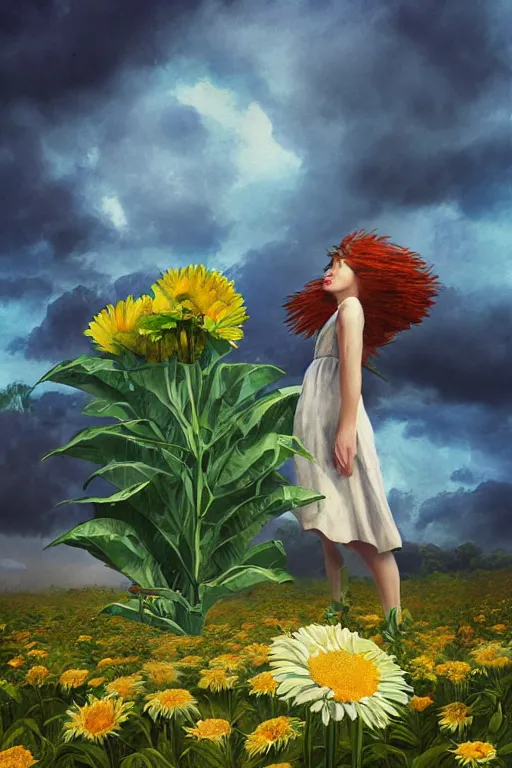 Image similar to closeup, giant daisy flower head, girl between monsteras, surreal photography, wind and cold, dramatic sky, impressionist painting, digital painting, artstation, simon stalenhag