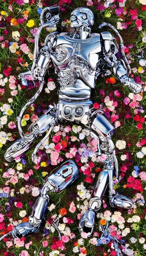 Image similar to photo of destroyed realistic terminator lying in a field of flowers, twisted, chrome, reflections, anthropomorphic, photorealism, smoke, 8 k, wires, smooth, sharp focus, top view, extremely detailed, hyperrealism, elegant, establishing shot, by jeff koons, artgerm and greg rutkowski