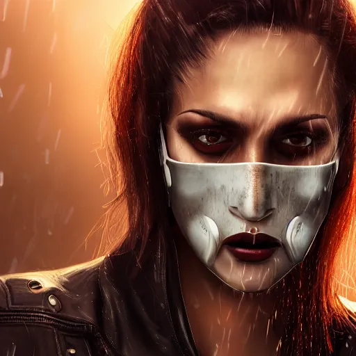 Prompt: closeup portrait of an angry woman looking at the camera and wearing a mask in the style of stefan kostic, realistic, cyberpunk, leather jacket, mask, nighttime, rain storm, body shot, sharp focus, 8 k high definition, insanely detailed, intricate, elegant, art by stanley lau and artgerm, floating embers