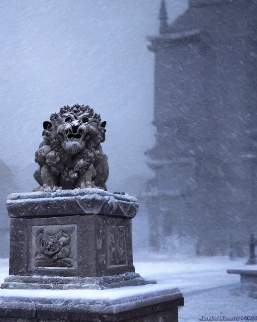 Prompt: a stone lion gargoyle in-front of a pagoda, snowy, atmospheric lighting, mystical, cold lighting. By Makoto Shinkai, Stanley Artgerm Lau, WLOP, Rossdraws, James Jean, Andrei Riabovitchev, Marc Simonetti, krenz cushart, Sakimichan, D&D trending on ArtStation, digital art, anime.