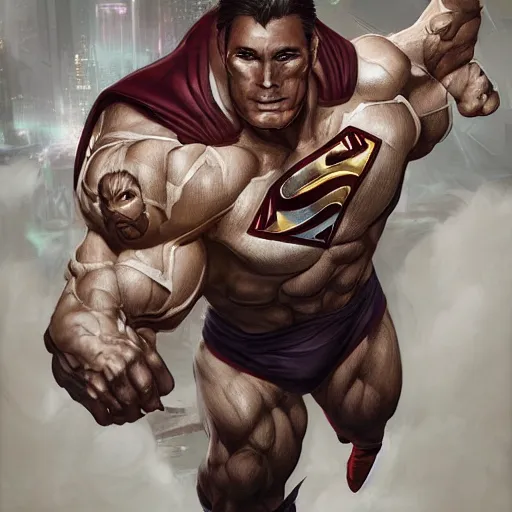 Image similar to a esthetic portrait commission of a muscular antrho albino tiger wearing the superman outfit,hyperdetailed face,character design by charlie bowater,ross tran,artgerm,makoto shibkai,photorealistic,western comic book art,film poster,deviantart,artstation