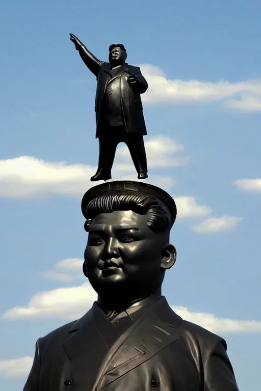 Image similar to a gigantic statue of kim jong un standing on the united states liberty island, symmetry, awesome exposition, very detailed, highly accurate, 8 k