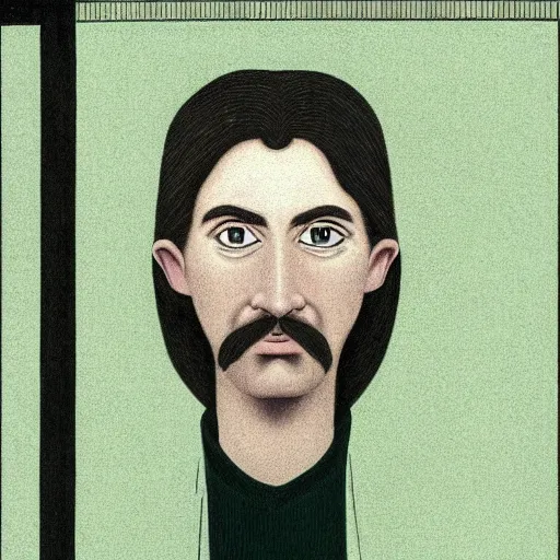 Image similar to young man, long hair!!!!, short facial hair, no mustache, dark green eyes, dark eyebrows, light widows peak light facial hair, in the style of mauritz cornelis escher, in - frame