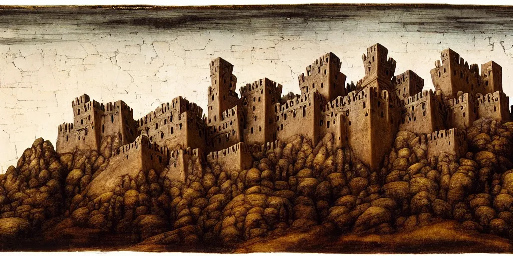 Image similar to matte oil painting of a dwarven fortress at the edge of a mountain range, by leonardo da vinci, mountainhomes, hillocks, smelters, forges, mounds, dwarven citizens, capital site, chiseled architecture, ornate, extremely detailed, sharp focus