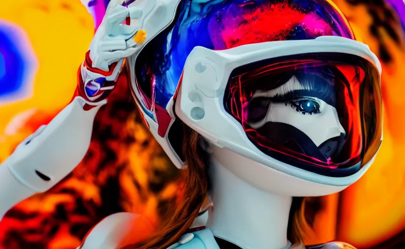 Prompt: beautifully lit medium close up photo of a white marble statue of an anime girl with colorful motocross logos and motorcycle helmet with closed visor, colorful smoke in the background, carved marble statue, fine art, neon genesis evangelion, virgil abloh, offwhite, denoise, highly detailed, 8 k, hyperreal