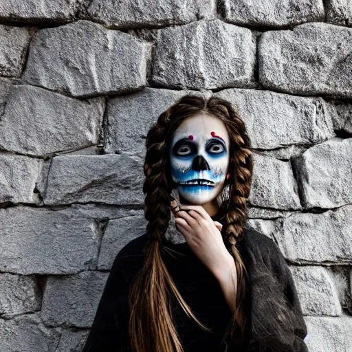 Prompt: A photograph of a Jewish woman's face, bones, braids, god rays, stone brick backdrop, face paint, contact lenses, particulates, waterfalls, turtleneck, skull, melting, poloroid, Wes Anderson filmography, smoke, dust, god rays