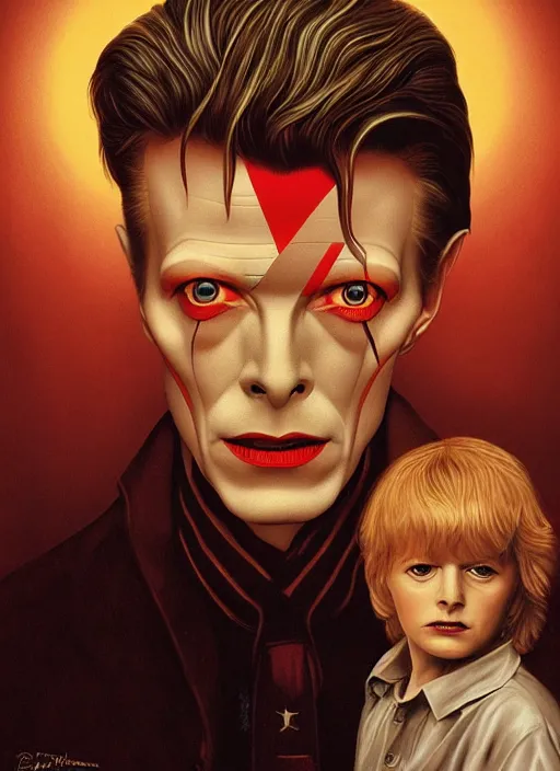 Image similar to twin peaks poster art, portrait of david bowie meets the little boy the prince of darkness, by michael whelan, rossetti bouguereau, artgerm, retro, nostalgic, old fashioned