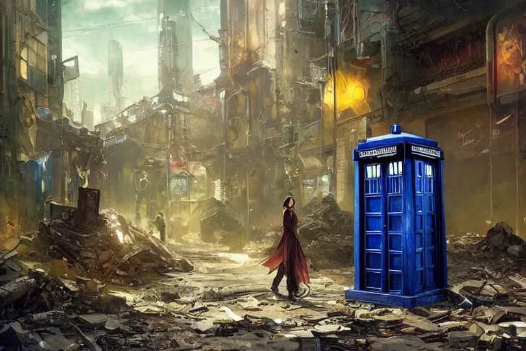 Image similar to photograph of a single tardis sat on the streets of a cyberpunk abandoned city, by greg rutkowski, by stanley artgerm, by alphonse mucha