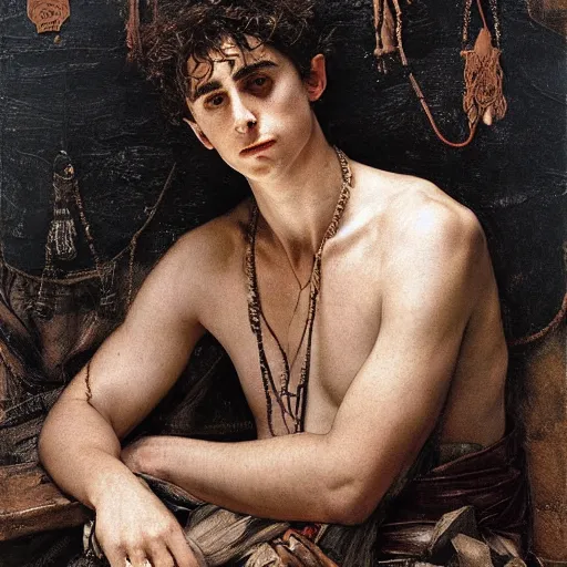 Image similar to timothee chalamet as a bandit king, god of the forge by edgar maxence and caravaggio and michael whelan and delacroix