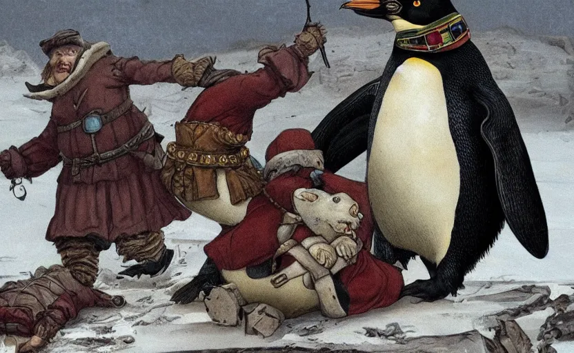 Prompt: A penguin, riding a polar bear, in an epic medieval battle