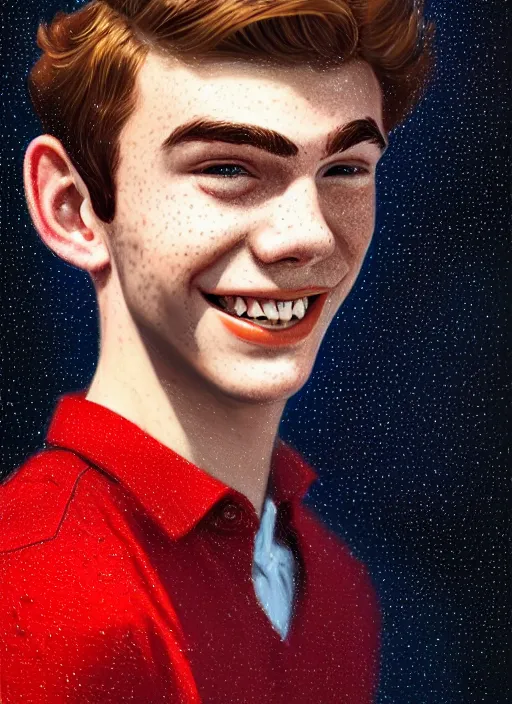 Image similar to portrait of teenage archie andrews, freckles, curly middle part haircut, curly hair, smiling kindly, friendly, 1 9 5 0 s, intricate, elegant, glowing lights, highly detailed, digital painting, artstation, concept art, smooth, sharp focus, illustration, art by wlop, mars ravelo and greg rutkowski