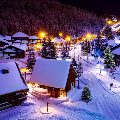 Prompt: cozy winter night at a ski resort, tilt - shift photography, highly detailed snow, low light, illuminated by street lights