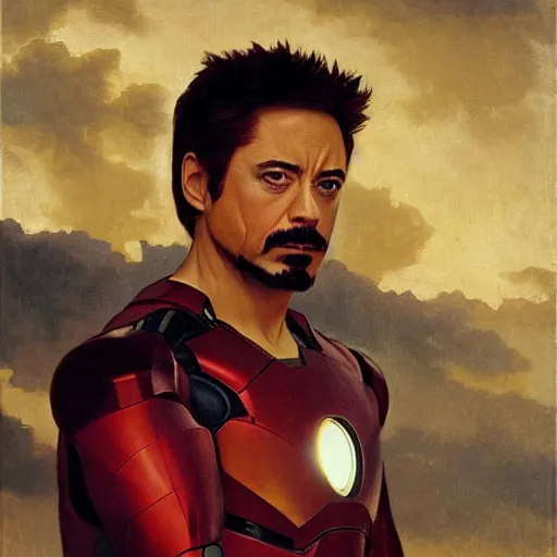 Prompt: Bouguereau painting .close up of attractive robert downey tony stark.wearing iron man armor