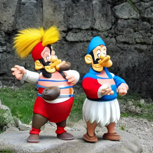 Prompt: Astérix and Obelix posing by Uderzo