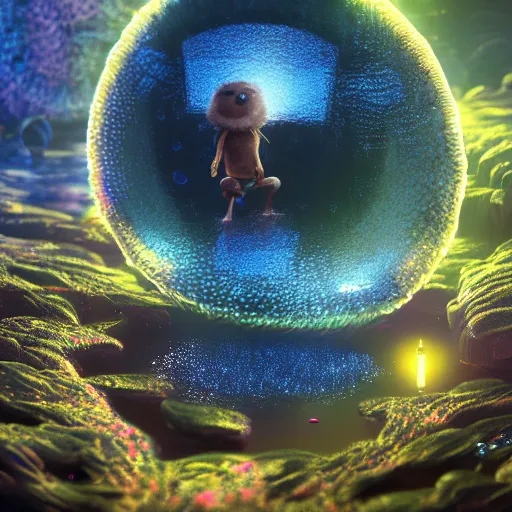 Prompt: tiny single - cell creature, floating, rbc, radiolaria, protophyta, micro - organisms, center, symmetric, rim light, marine microbiology, bioluminescence, electric, fur, soft, concept art, intricate details, highly detailed, colorful, photorealistic, disney pixar, octane render, iridescent, anime, 8 k