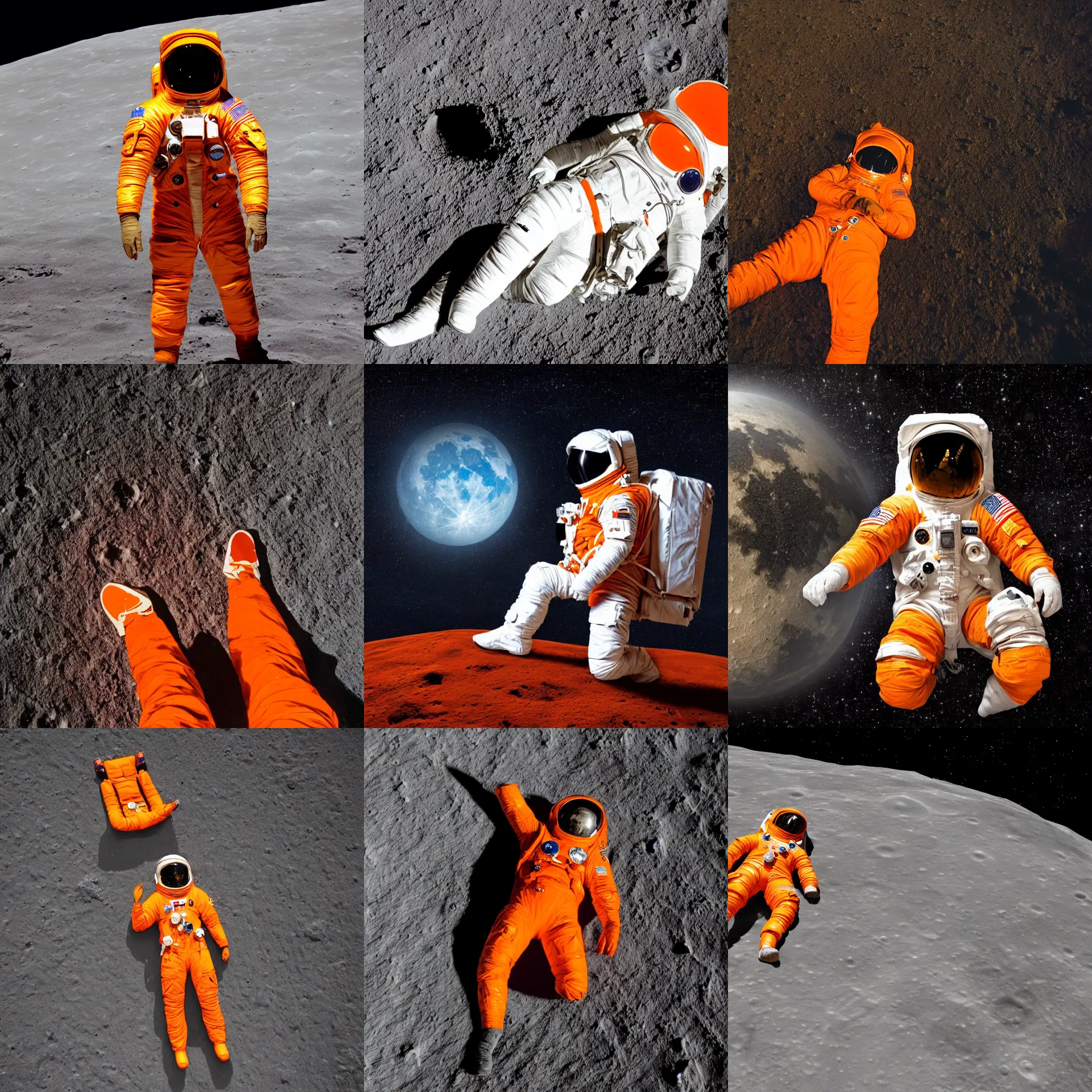 Prompt: a man wearing an orange astronaut suit lying on the moon's surface, looking at the stars