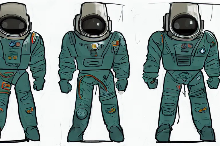 Prompt: Foundation TV Show concept art by Adam Middleton, space suit reference color test