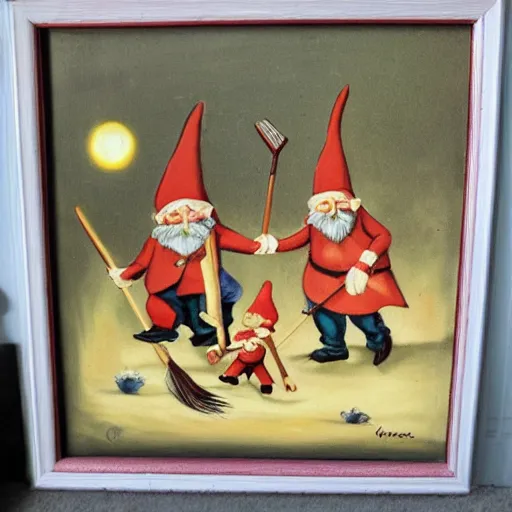 Image similar to vintage painting of gnomes invading a house at night, father defending family with a broom,