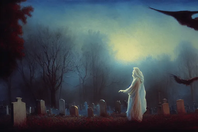 Image similar to casper the friendly ghost flying over a graveyard at midnight, cinestill, painted by james jean and gaston bussiere, backlight, fog, mist, trending on artstation