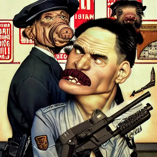 Prompt: hybrid of pig and nyc policeman, annoyed, ultra detailed, photo realistic, style of norman rockwell, smooth and clear, super sharp, style of richard corben.