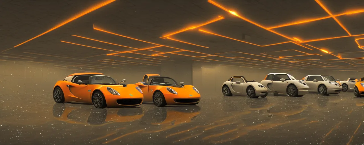 Image similar to highly detailed underground parking garage showcasing one only one single lone sparkly orange Lotus Elise, fluorescent ceiling lights, by Beeple and Syd Meade, concept art, octane render, 8k HDR, artstation