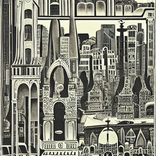 Image similar to by robert stivers, by faith ringgold curvaceous. a beautiful print of a cityscape with tall spires & delicate bridges.