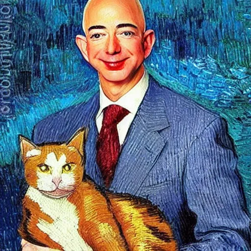 Image similar to a beautiful oil painting of jeff bezos holding a cat, 8k , award winning , made in 1800's , old , painted by vincent van gogh