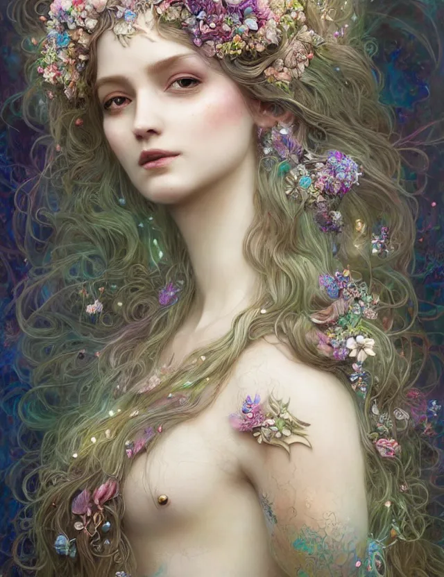 Prompt: organic goddess with flowers in hair, holographic white plastic and driftwood, fantasy, intricate, elegant, highly detailed, lifelike, photorealistic, digital painting, artstation, illustration, smooth, sharp focus, art by scott davidson, albert aublet, krenz cushart, artem demura, mucha