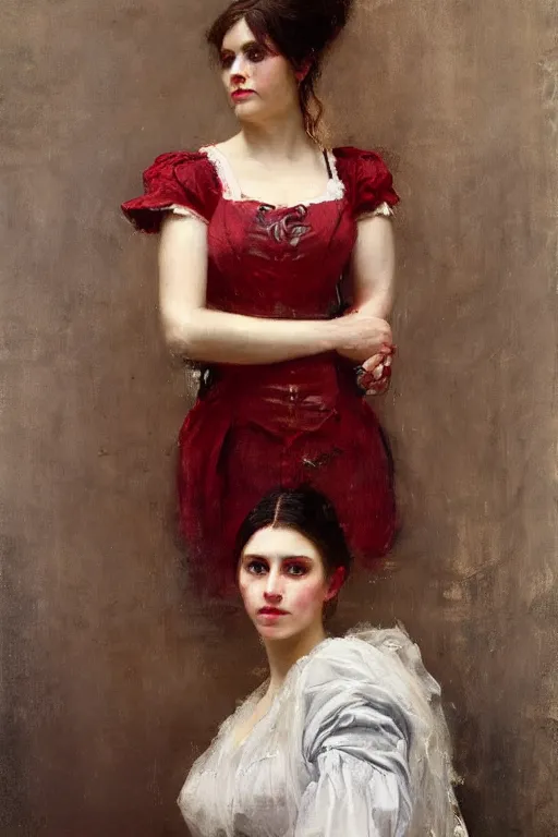 Image similar to Solomon Joseph Solomon and Richard Schmid and Jeremy Lipking victorian genre painting full length portrait painting of a young beautiful woman traditional german barmaid in fantasy costume, red background