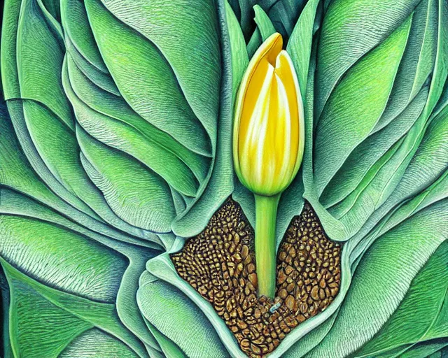 Prompt: rule of thirds intricate inside the tulip extreme closeup on a table - - a journey inside the physiology of plants, an ultrafine detailed painting by rafal olbinski, behance contest winner, pop surrealism, detailed painting, very detailed, minimalist, skeuomorphic, airbrush art